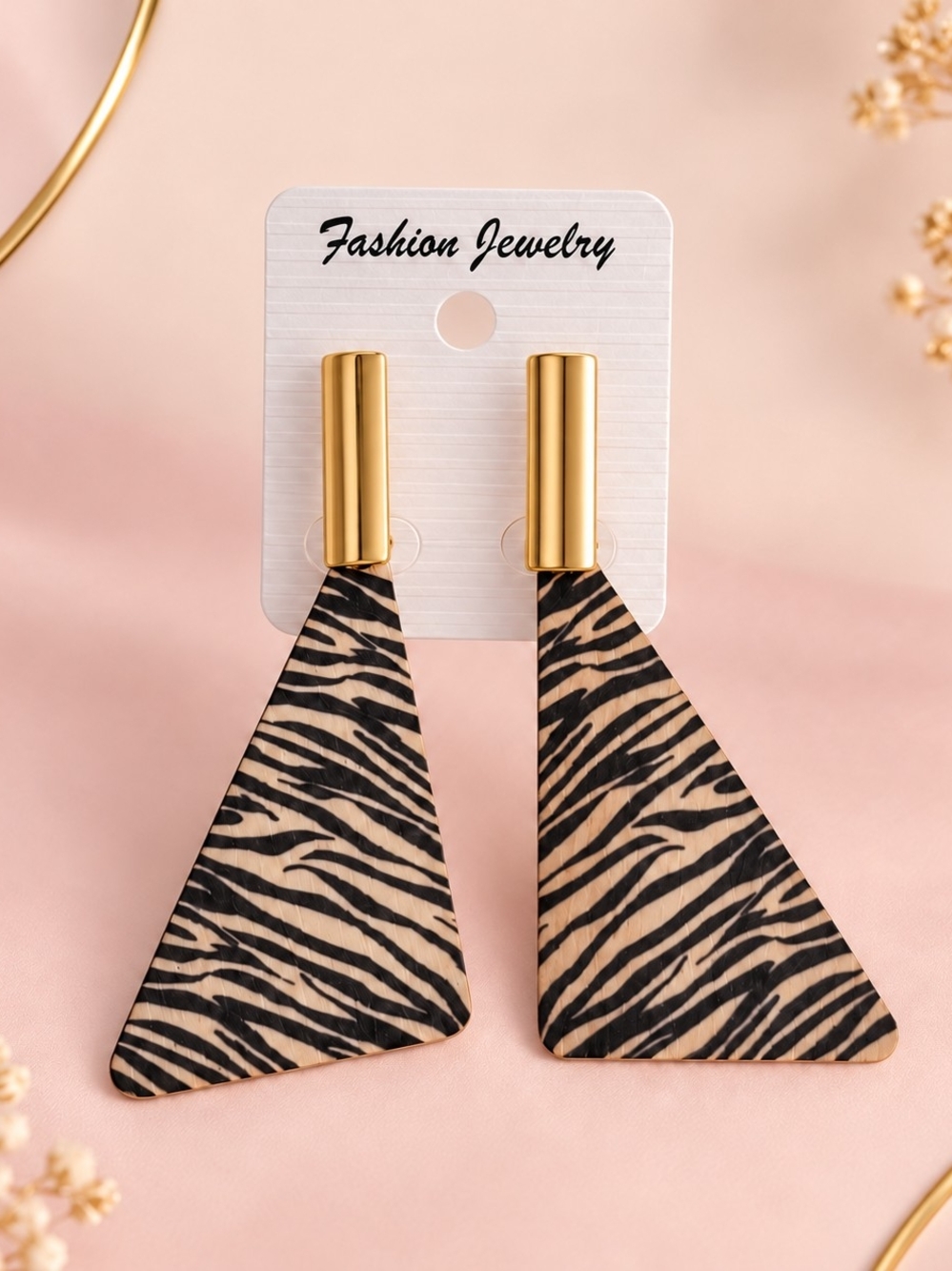 Fashion Jewelry Gold & Beige Zebra Triangle Drop Earrings